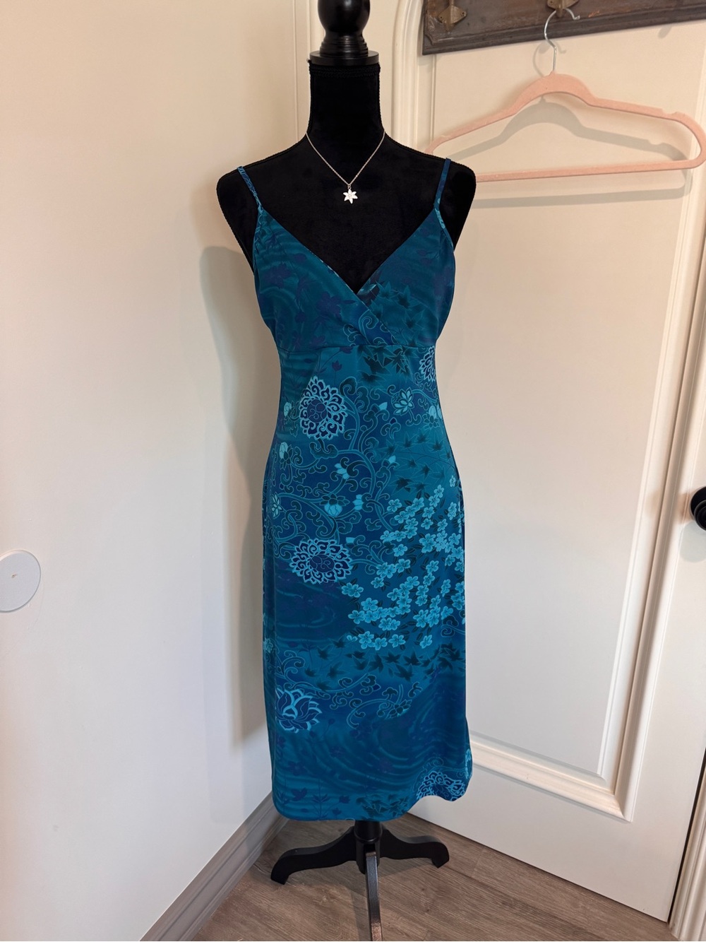 Heart Moon Star Teal Slip Midi Dress with Floral Print